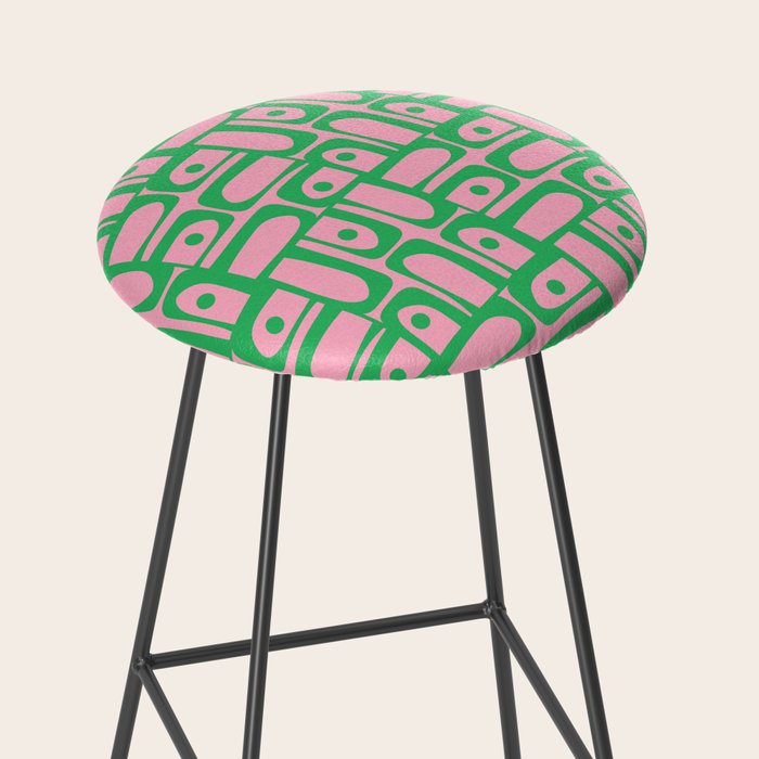 Mid Century Modern Piquet Abstract Multi Geometric Spring Green and Pink Pattern Stool Gallery Image 2