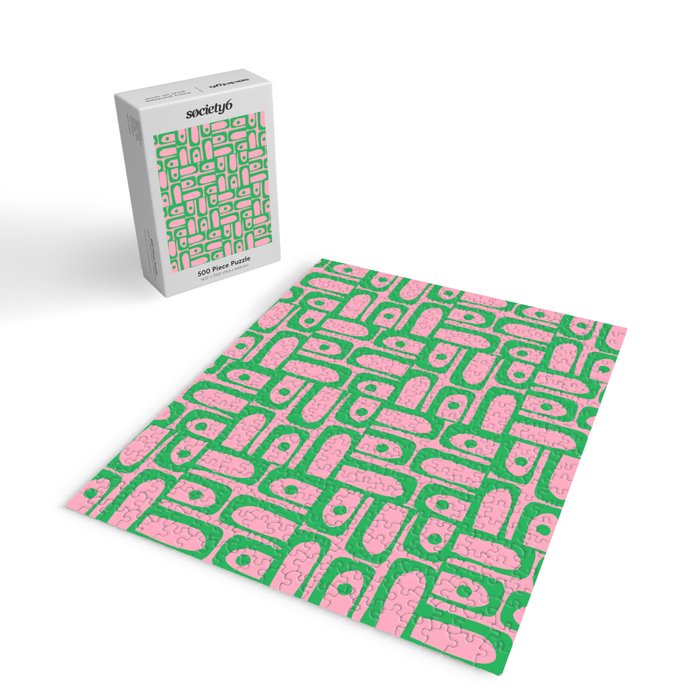 Mid Century Modern Piquet Abstract Multi Geometric Spring Green and Pink Pattern Jigsaw Puzzle Gallery Image 2