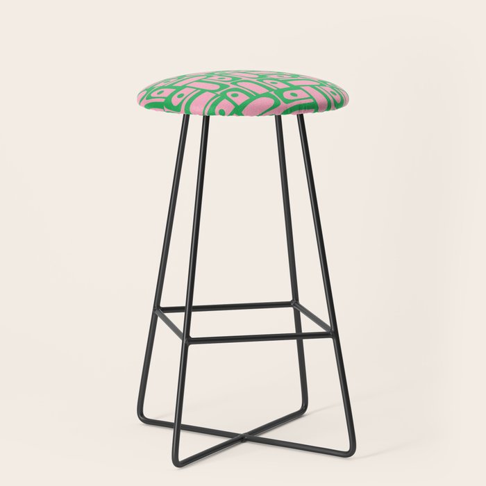 Mid Century Modern Piquet Abstract Multi Geometric Spring Green and Pink Pattern Stool Gallery Image 1
