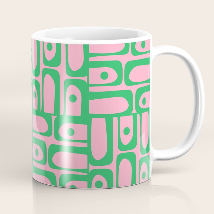 Mid Century Modern Piquet Abstract Multi Geometric Spring Green and Pink Pattern Coffee Mug Gallery Image 1