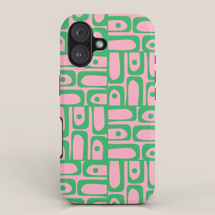 Mid Century Modern Piquet Abstract Multi Geometric Spring Green and Pink Pattern iPhone Case Gallery Image 1