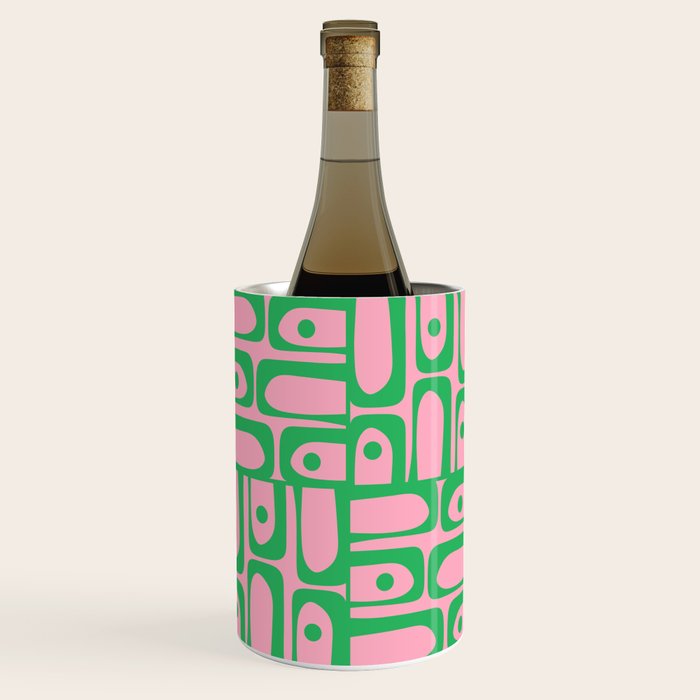 Mid Century Modern Piquet Abstract Multi Geometric Spring Green and Pink Pattern Wine Chiller Gallery Image 1