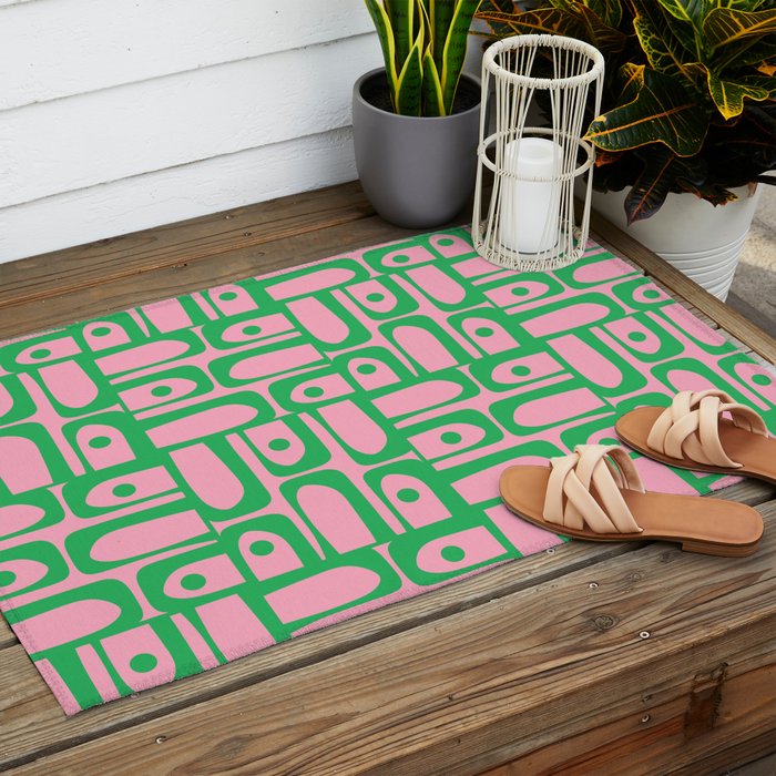 Mid Century Modern Piquet Abstract Multi Geometric Spring Green and Pink Pattern Outdoor Rug Gallery Image 2
