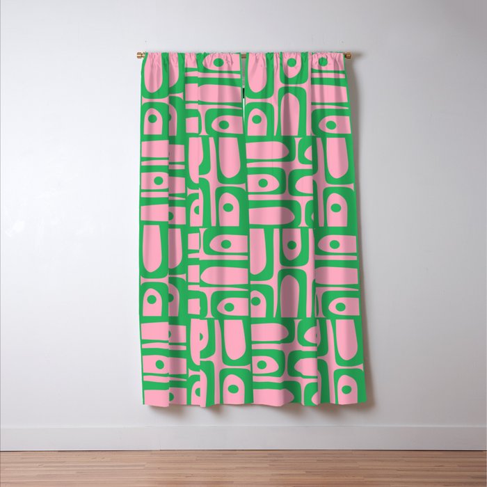 Mid Century Modern Piquet Abstract Multi Geometric Spring Green and Pink Pattern Window Curtain Gallery Image 3