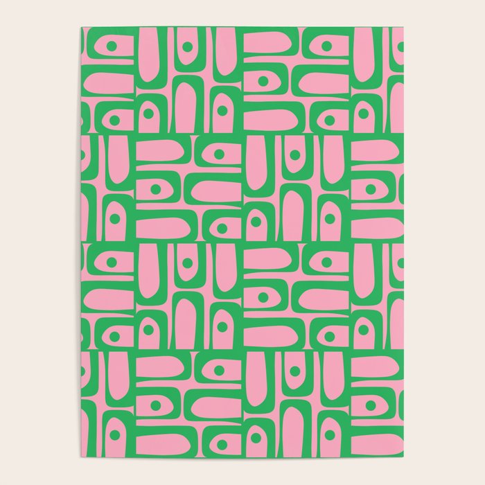 Mid Century Modern Piquet Abstract Multi Geometric Spring Green and Pink Pattern Poster Gallery Image 1