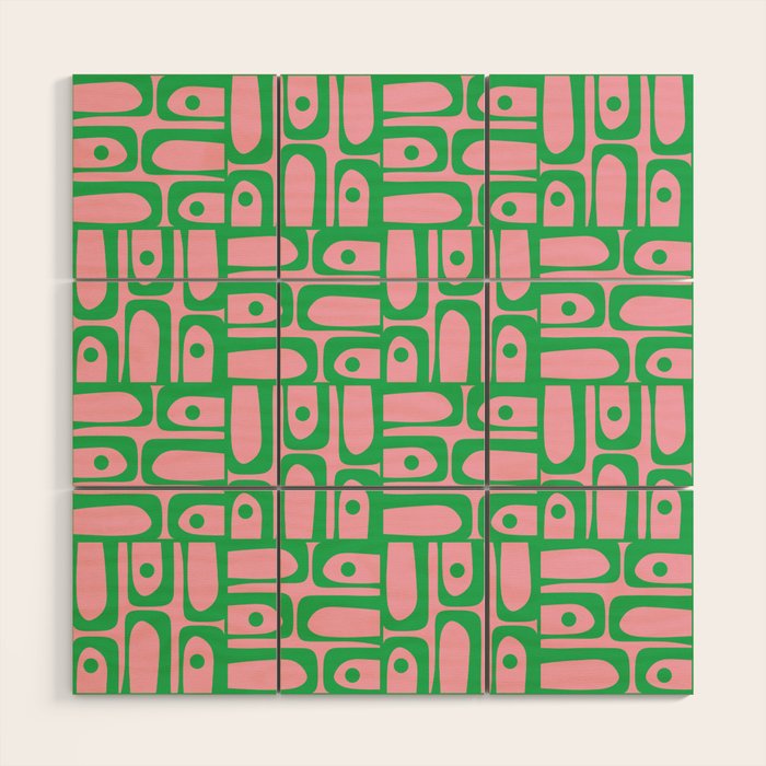 Mid Century Modern Piquet Abstract Multi Geometric Spring Green and Pink Pattern Wood Wall Art Gallery Image 1