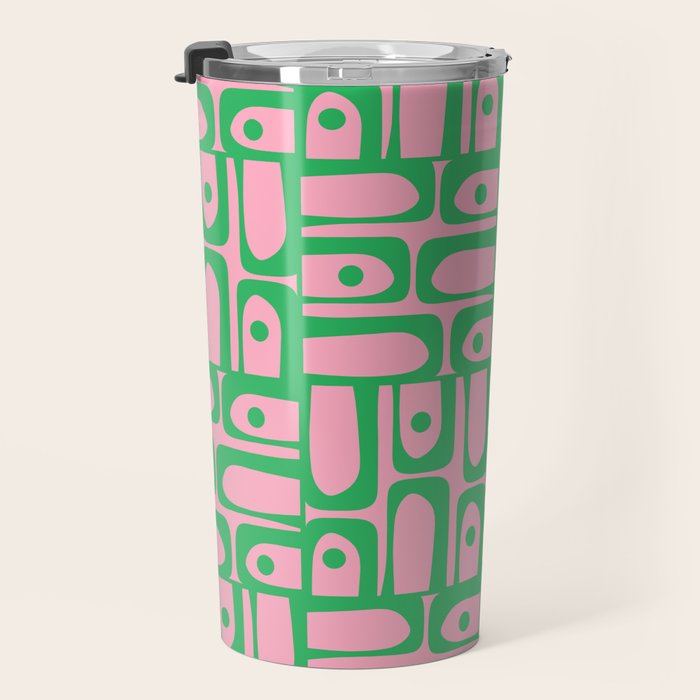 Mid Century Modern Piquet Abstract Multi Geometric Spring Green and Pink Pattern Travel Mug Gallery Image 3