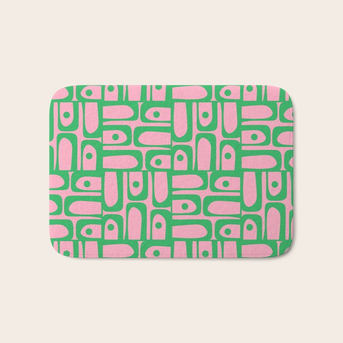 Mid Century Modern Piquet Abstract Multi Geometric Spring Green and Pink Pattern Bath Mat Gallery Image 1