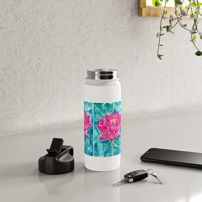 Sacred Lotus - Magenta Blossom with Turquoise Wash Water Bottle Gallery Image 5