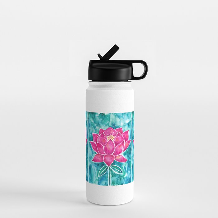 Sacred Lotus - Magenta Blossom with Turquoise Wash Water Bottle Gallery Image 1