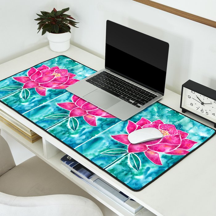 Sacred Lotus - Magenta Blossom with Turquoise Wash Desk Mat Gallery Image 2