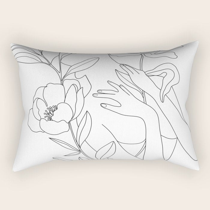 Minimal Line Art Woman with Peonies Rectangular Pillow Gallery Image 1