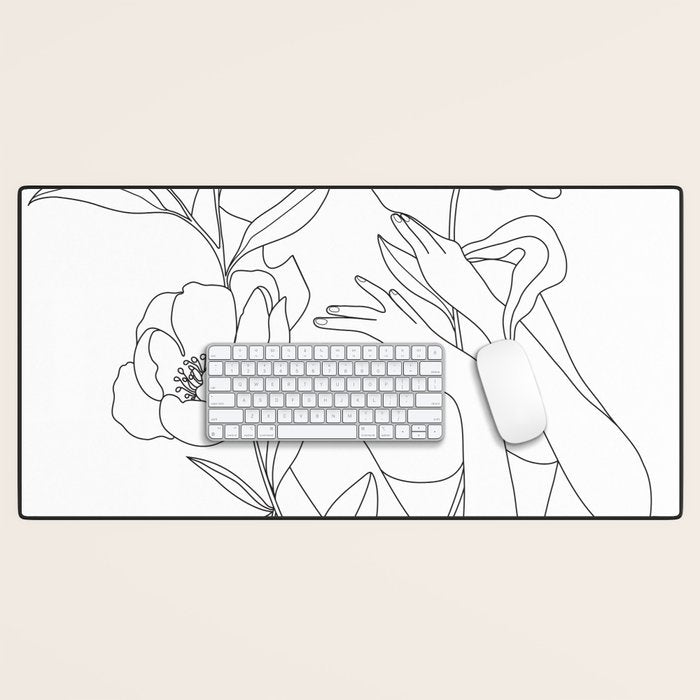 Minimal Line Art Woman with Peonies Desk Mat Gallery Image 1