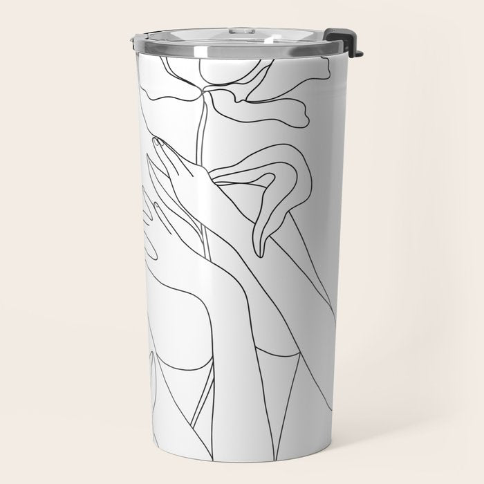 Minimal Line Art Woman with Peonies Travel Mug Gallery Image 2