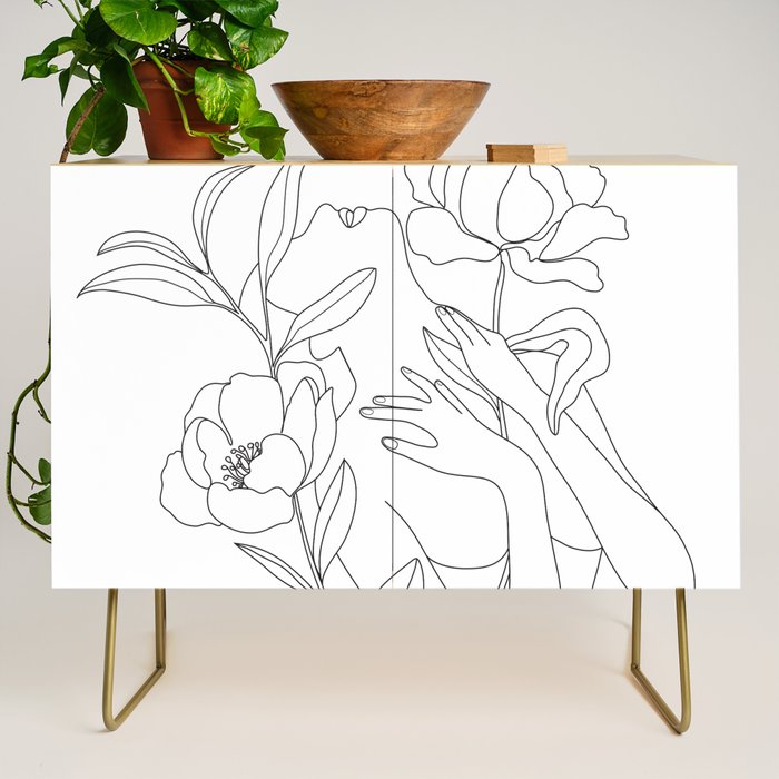 Minimal Line Art Woman with Peonies Credenza Gallery Image 1