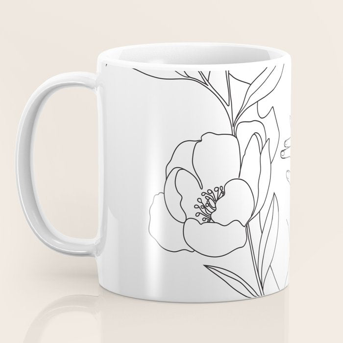 Minimal Line Art Woman with Peonies Coffee Mug Gallery Image 3