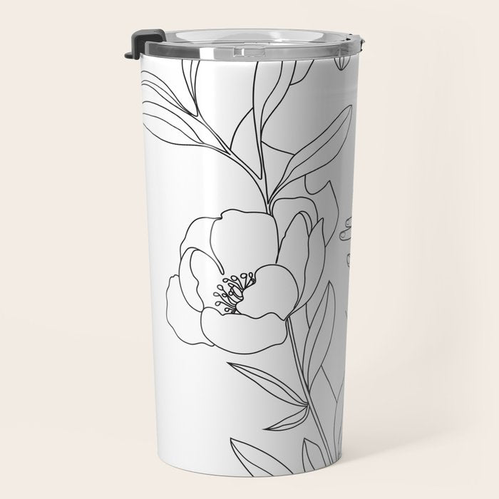 Minimal Line Art Woman with Peonies Travel Mug Gallery Image 3