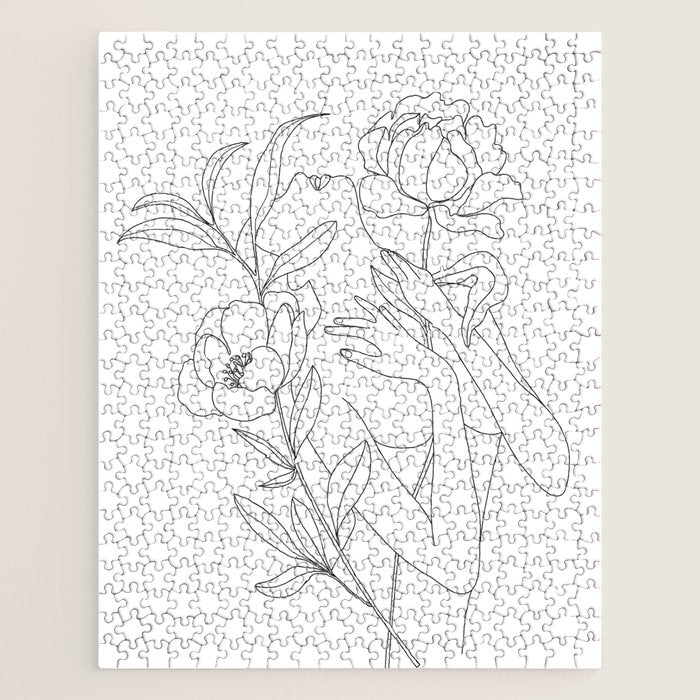 Minimal Line Art Woman with Peonies Jigsaw Puzzle Gallery Image 1