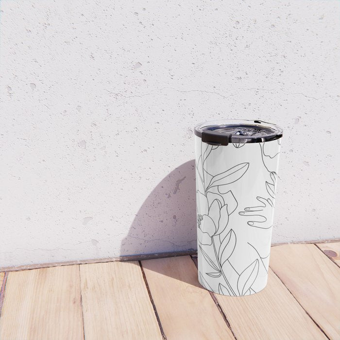 Minimal Line Art Woman with Peonies Travel Mug Gallery Image 4