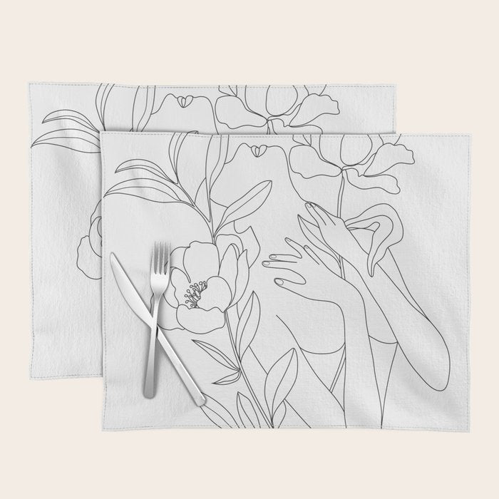 Minimal Line Art Woman with Peonies Placemat Gallery Image 1
