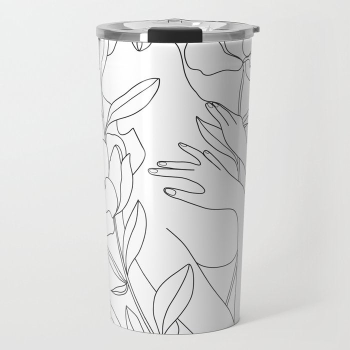 Minimal Line Art Woman with Peonies Travel Mug Gallery Image 1