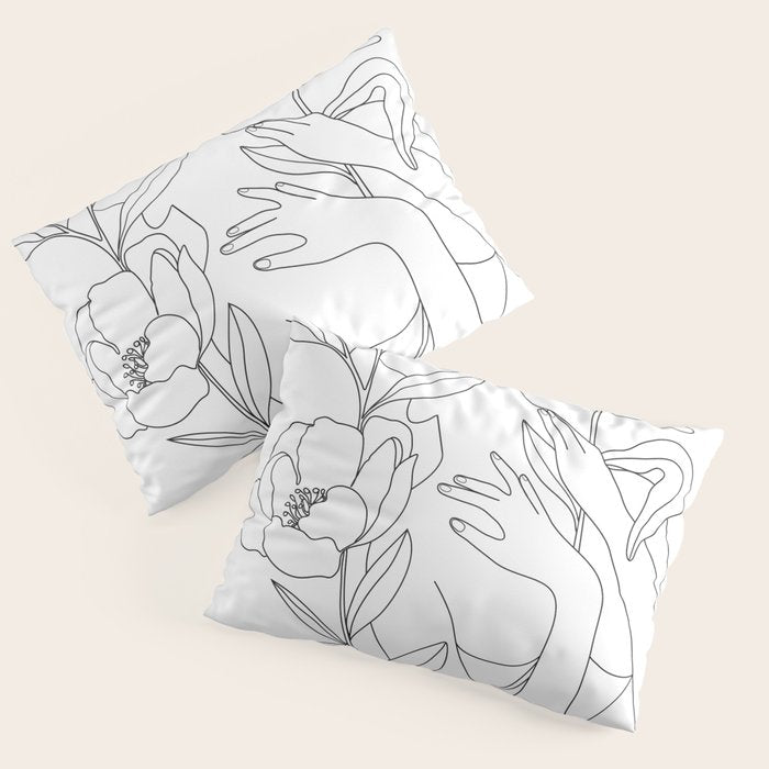 Minimal Line Art Woman with Peonies Pillow Sham Gallery Image 3