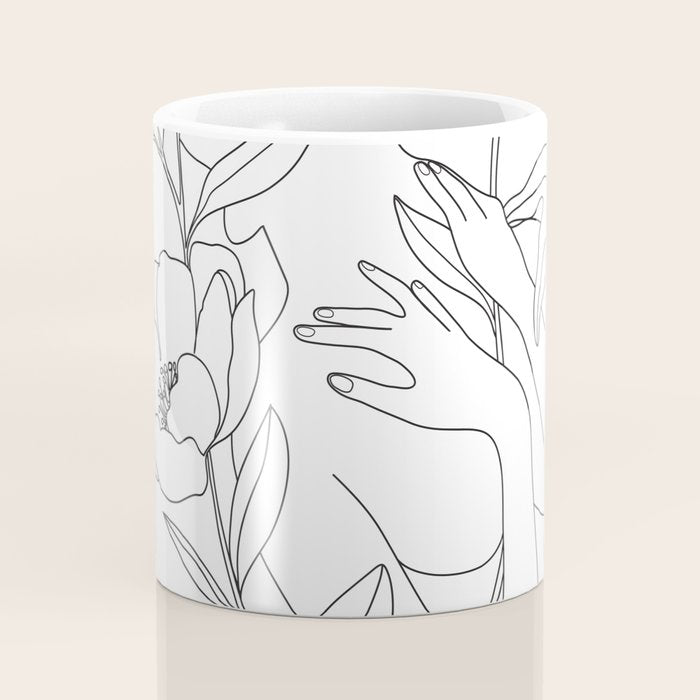 Minimal Line Art Woman with Peonies Coffee Mug Gallery Image 4