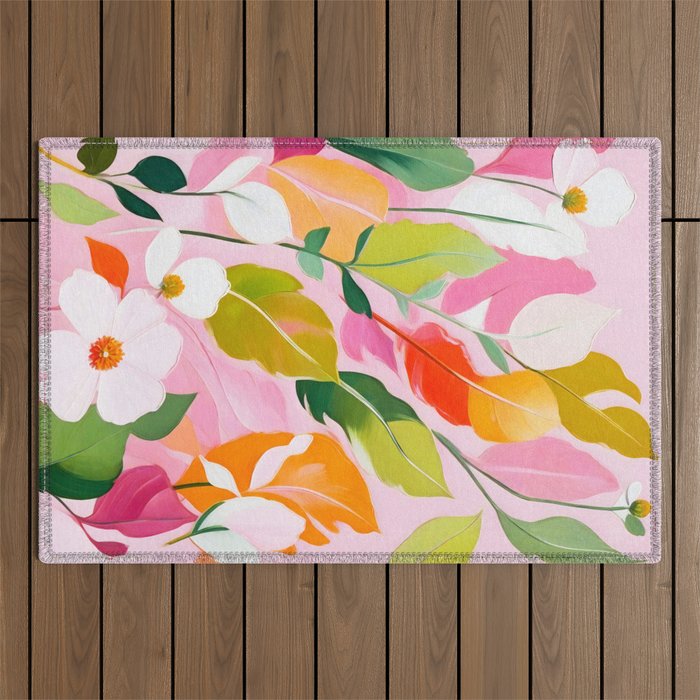 Pastelchio, Pastel Floral Botanical Spring, Flowers Blush Blossom Pink Garden Painting, Bohemian Chic Subdued Nature Plants Outdoor Rug Gallery Image 1