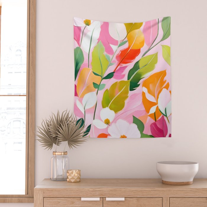 Pastelchio, Pastel Floral Botanical Spring, Flowers Blush Blossom Pink Garden Painting, Bohemian Chic Subdued Nature Plants Wall Tapestry Gallery Image 2