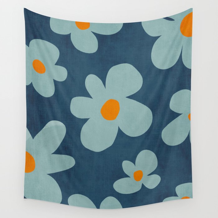 Sky Blue Orange Flowers Minimalist Artwork Wall Tapestry Gallery Image 1