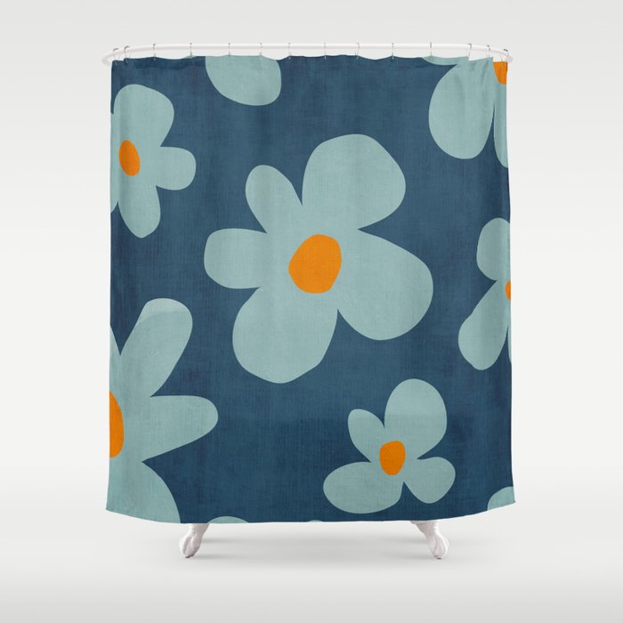Sky Blue Orange Flowers Minimalist Artwork Shower Curtain Gallery Image 1