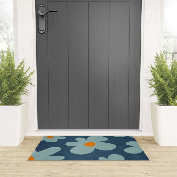 Sky Blue Orange Flowers Minimalist Artwork Welcome Mat Gallery Image 3