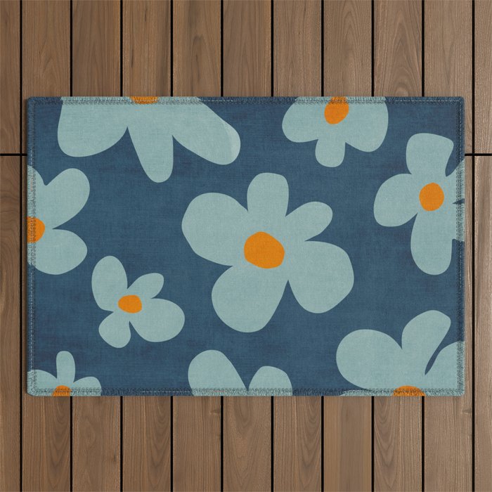 Sky Blue Orange Flowers Minimalist Artwork Outdoor Rug Gallery Image 1