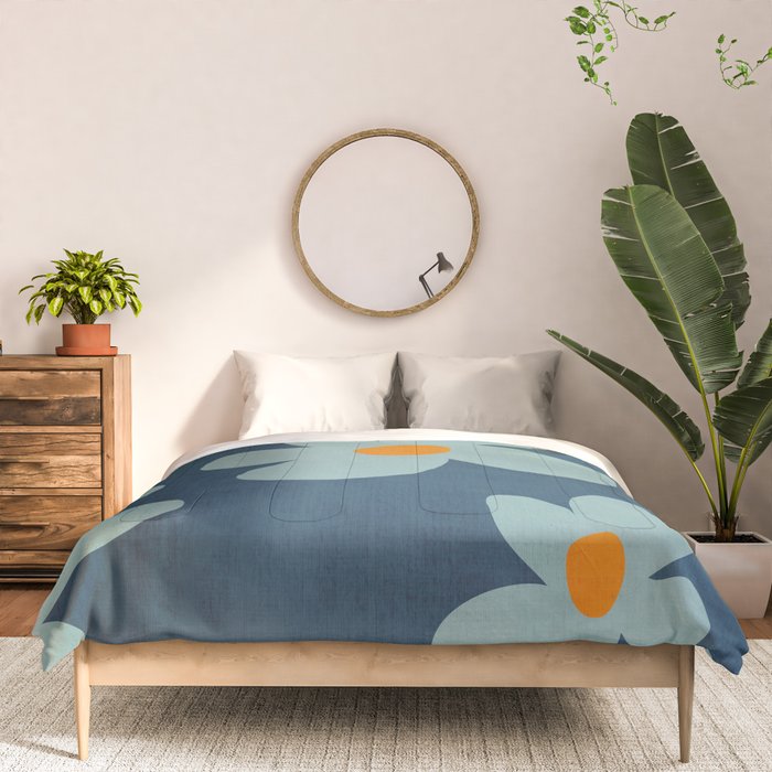 Sky Blue Orange Flowers Minimalist Artwork Comforter Gallery Image 3