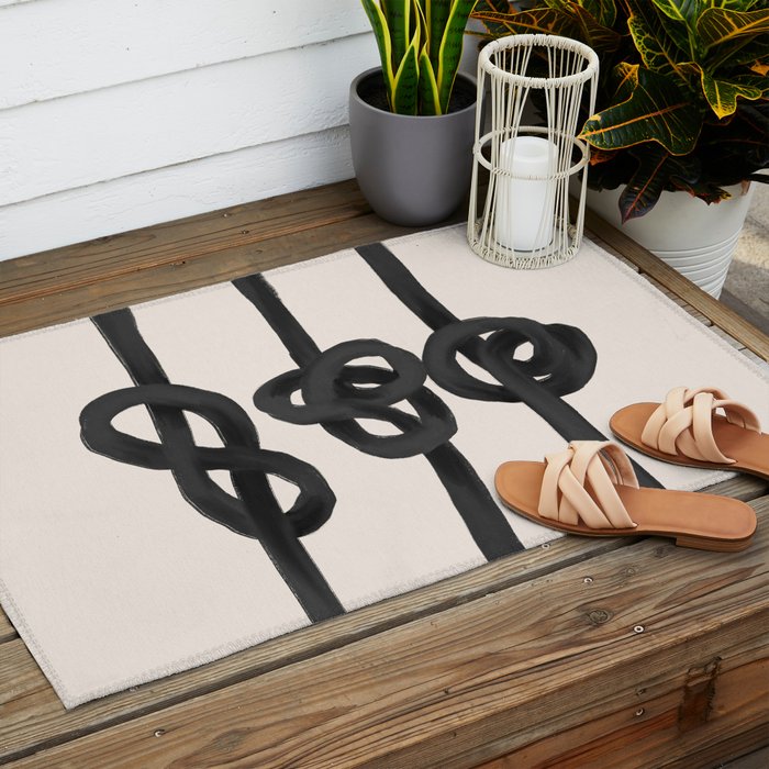 Minimalist Black Knot Abstract Art on Neutral Background Outdoor Rug Gallery Image 2