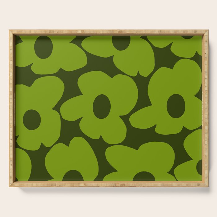 Large Green Retro Flowers - Green Petals on Dark Green Background #decor #society6 #buyart Serving Tray Gallery Image 1