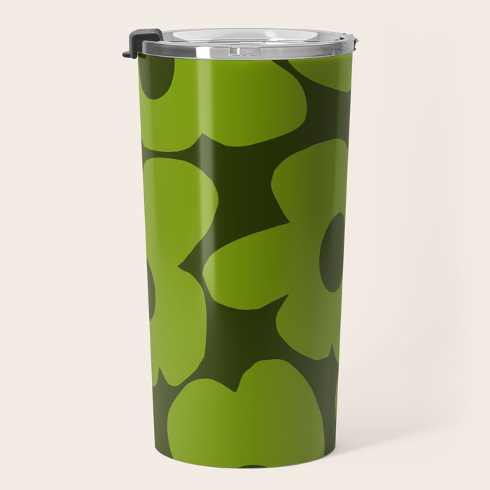 Large Green Retro Flowers - Green Petals on Dark Green Background #decor #society6 #buyart Travel Mug Gallery Image 3