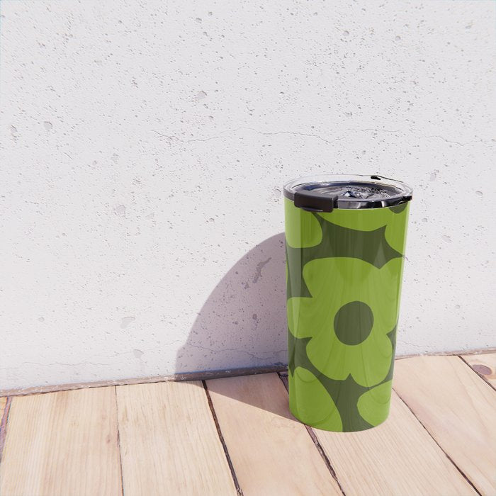 Large Green Retro Flowers - Green Petals on Dark Green Background #decor #society6 #buyart Travel Mug Gallery Image 4