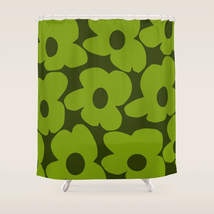 Large Green Retro Flowers - Green Petals on Dark Green Background #decor #society6 #buyart Shower Curtain Gallery Image 1