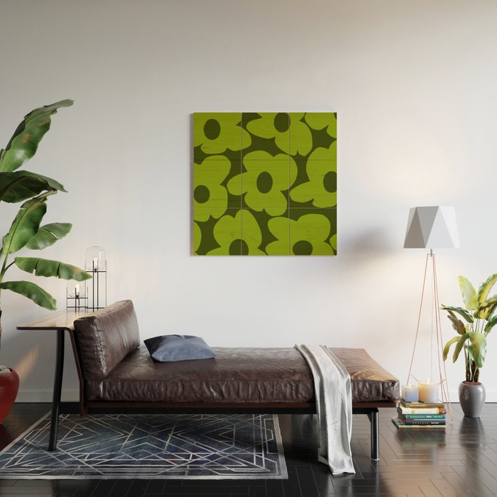 Large Green Retro Flowers - Green Petals on Dark Green Background #decor #society6 #buyart Wood Wall Art Gallery Image 2