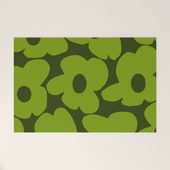 Large Green Retro Flowers - Green Petals on Dark Green Background #decor #society6 #buyart Welcome Mat Gallery Image 1