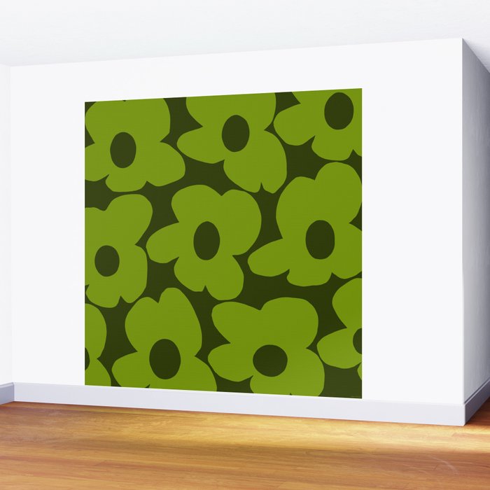 Large Green Retro Flowers - Green Petals on Dark Green Background #decor #society6 #buyart Wall Mural Gallery Image 2