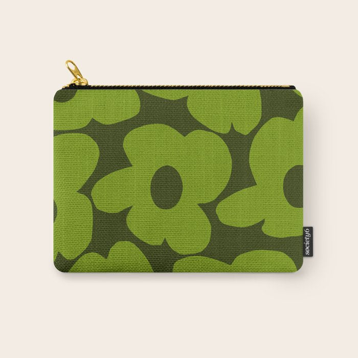 Large Green Retro Flowers - Green Petals on Dark Green Background #decor #society6 #buyart Carry All Pouch Gallery Image 1
