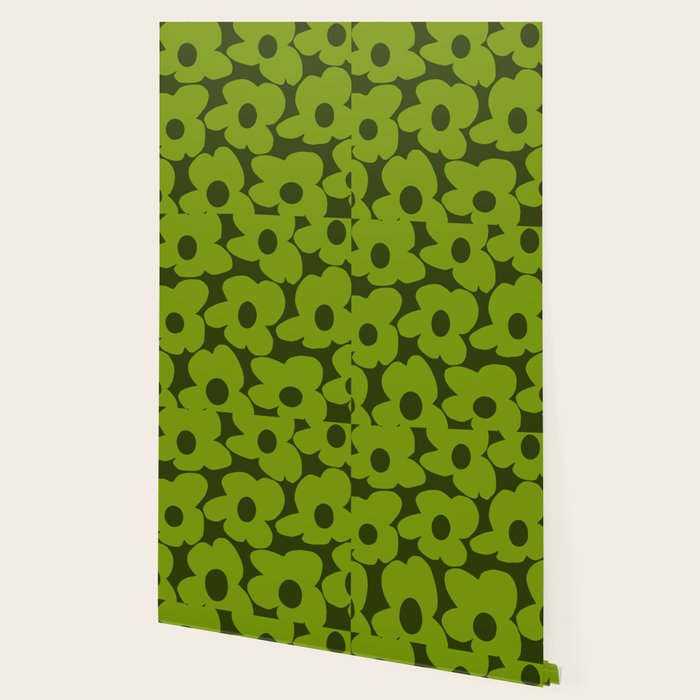 Large Green Retro Flowers - Green Petals on Dark Green Background #decor #society6 #buyart Wallpaper Gallery Image 2