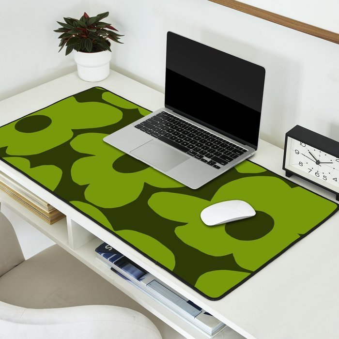 Large Green Retro Flowers - Green Petals on Dark Green Background #decor #society6 #buyart Desk Mat Gallery Image 2
