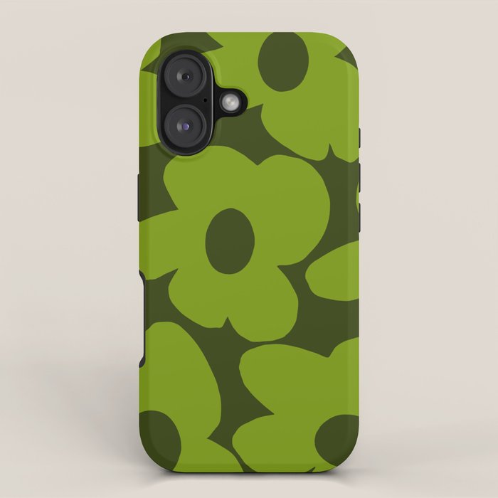 Large Green Retro Flowers - Green Petals on Dark Green Background #decor #society6 #buyart iPhone Case Gallery Image 1