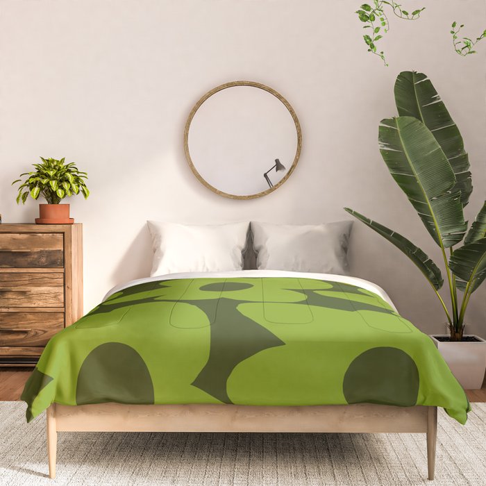 Large Green Retro Flowers - Green Petals on Dark Green Background #decor #society6 #buyart Comforter Gallery Image 3