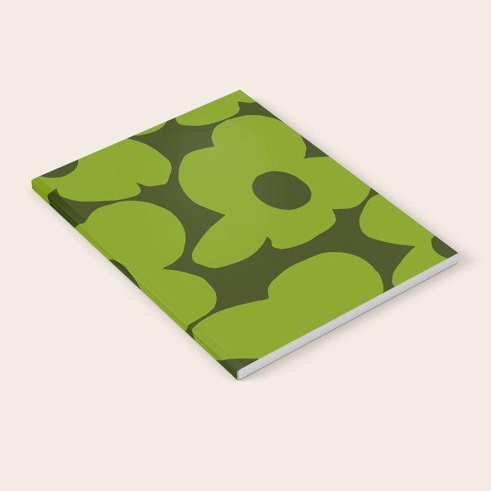 Large Green Retro Flowers - Green Petals on Dark Green Background #decor #society6 #buyart Notebook Gallery Image 2