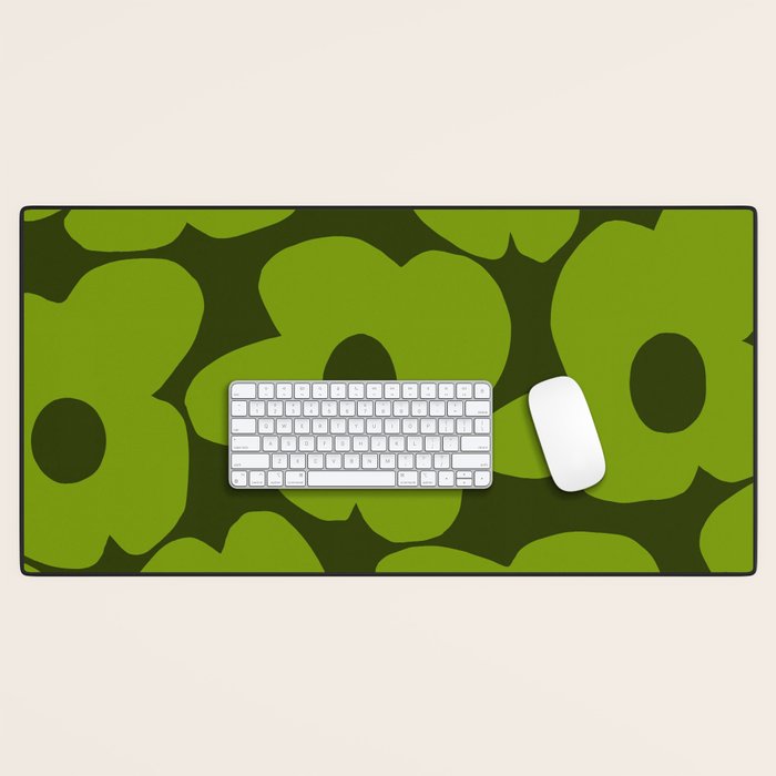 Large Green Retro Flowers - Green Petals on Dark Green Background #decor #society6 #buyart Desk Mat Gallery Image 1