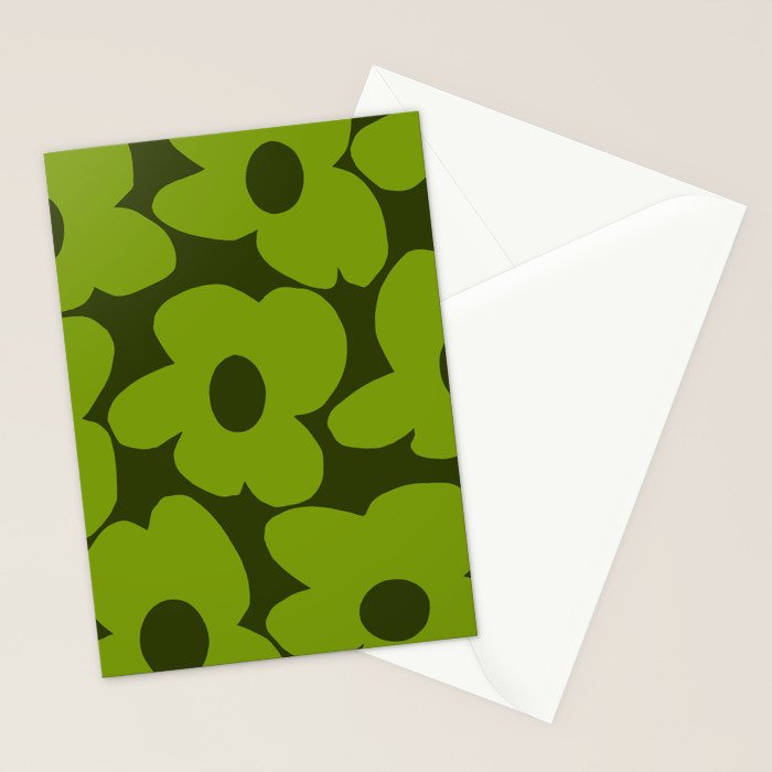 Large Green Retro Flowers - Green Petals on Dark Green Background #decor #society6 #buyart Stationery Card Gallery Image 2